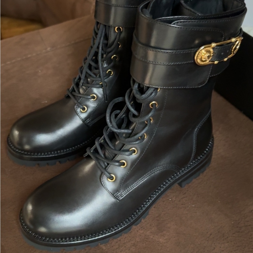 Versace Black Leather Lace-Up Combat Boots with Gold Medallion Buckle